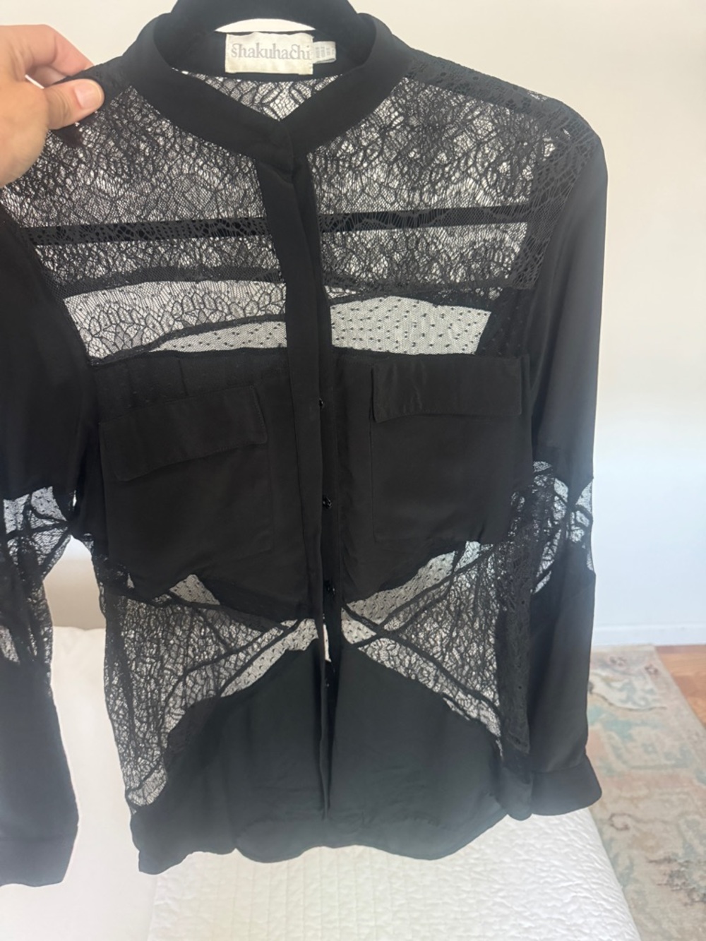Shakuhachi Black Sheer Lace Panel Button-Front Blouse